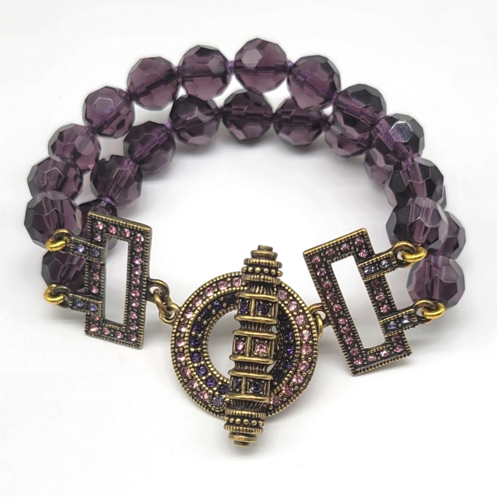 Heidi Daus Amethyst Swarovski Crystal Double Strand Art Deco Toggle Bracelet